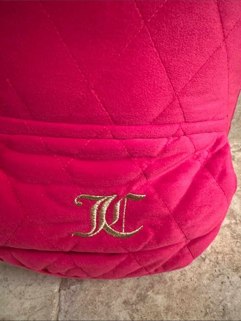 NWOT juicy couture backpack pillow Plush Quilted Pink decor  -small Flaw